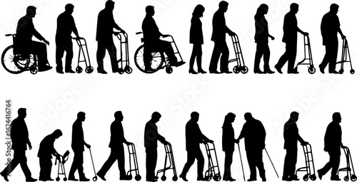 Silhouettes of Elderly and Disabled People with Mobility Aids vector bundle