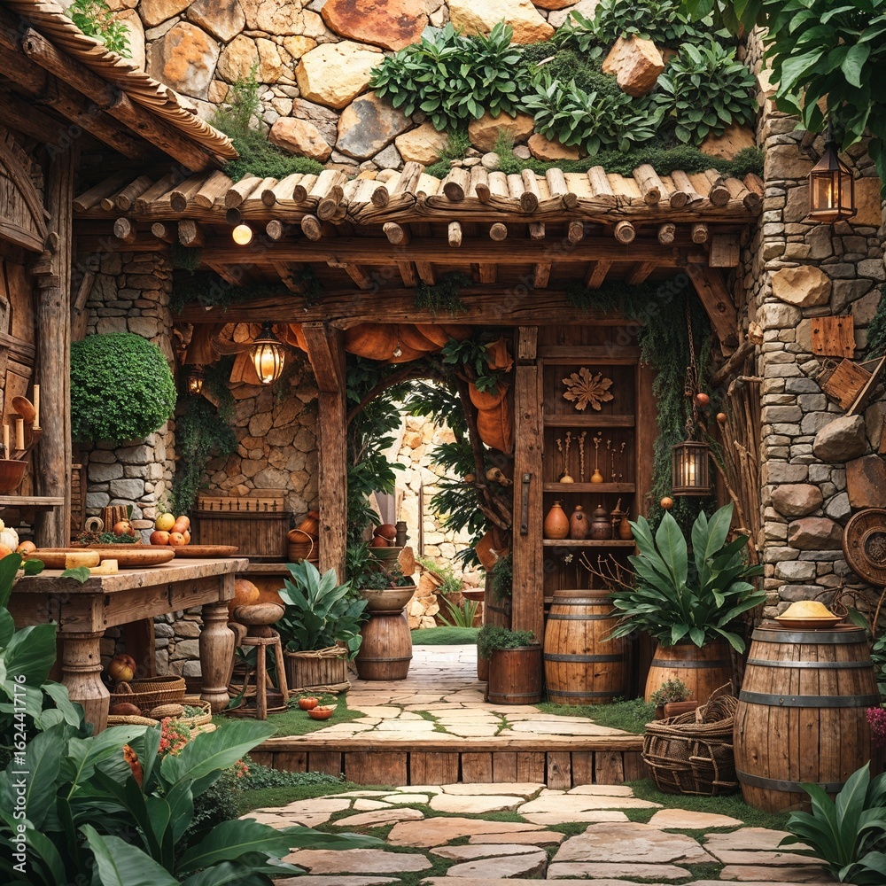 Fototapeta premium entrance to the house architecture building country style temple stone ancient old wall gate tourism arch landmark wood art design decoration pattern background close-up