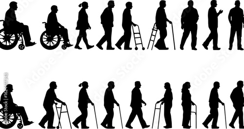 Silhouettes of Elderly and Disabled People with Mobility Aids vector bundle