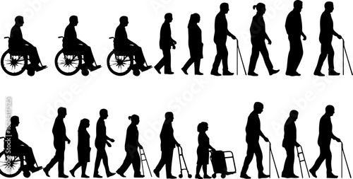 Silhouettes of Elderly and Disabled People with Mobility Aids vector bundle