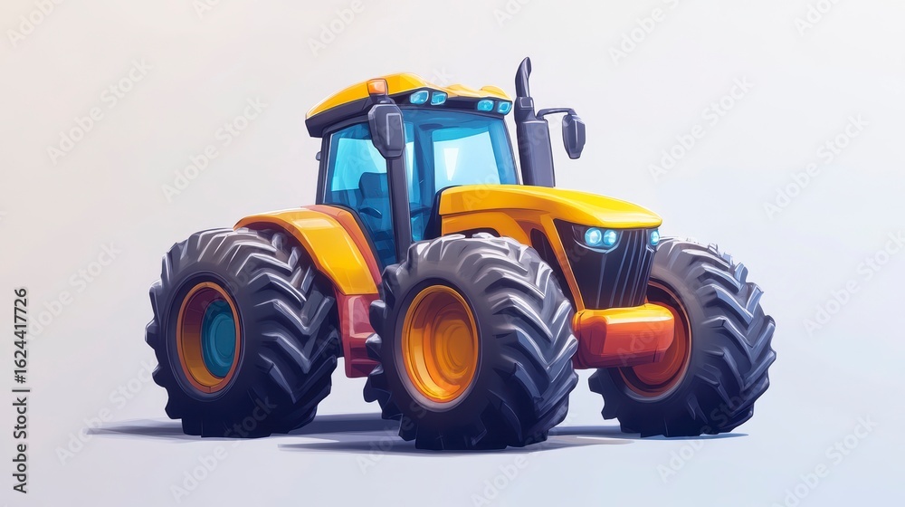 Obraz premium Cartoon yellow tractor with large tires on white background.