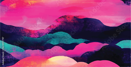 Background art with rainbow clouds and sky painted grunge messy abstract with hot pink retro look, neon overlapping colors, pattern, backdrop