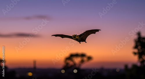 A striking nocturnal flight of a bat silhouettes against a vibrant twilight sky landscape
