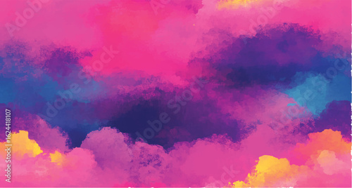 Background art with rainbow clouds and sky painted grunge messy abstract with hot pink retro look, neon overlapping colors, pattern, backdrop