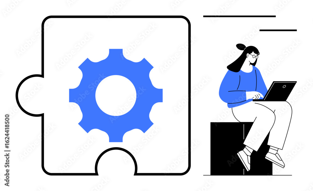 Gear-shaped puzzle piece alongside woman typing on laptop conveys teamwork, innovation, problem-solving, engineering, education, research, and workflow. Modern simple flat metaphor Gear-shaped puzzle piece alongside woman typing on laptop conveys teamwork, innovation, problem-solving, engineering, education, research, and workflow. Modern simple flat metaphor