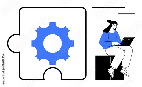 Gear-shaped puzzle piece alongside woman typing on laptop conveys teamwork, innovation, problem-solving, engineering, education, research, and workflow. Modern simple flat metaphor