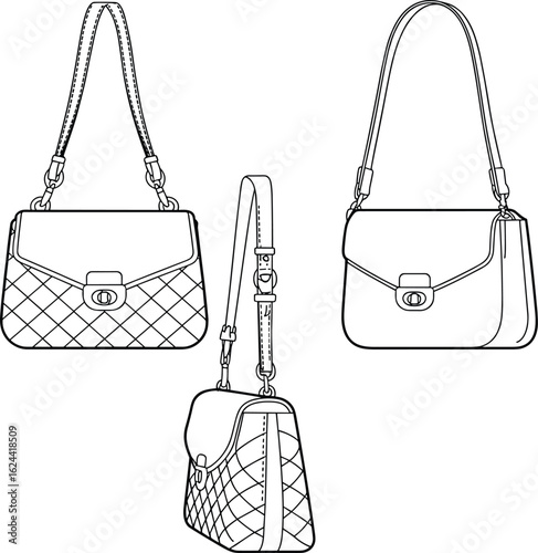 Elegant handbag design, fashionable purse sketch, stylish bag drawing, trendy accessories, fashion concept, designer collection, vector illustration, accessory layout, clasp detail, stitching view