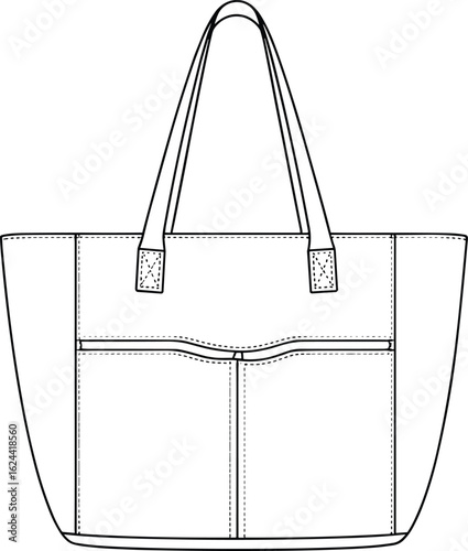 Stylish tote bag, versatile handbag, spacious compartments, durable handles, everyday accessory, fashion-forward design, functional layout, modern outline, vector illustration, casual use