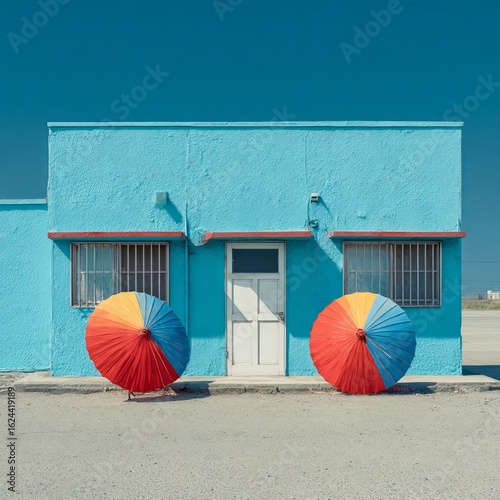 A blue wall with an open door, on the ground there are two colorful semicircular planters in front of it. The building has a simple architectural design and a minimalist style.