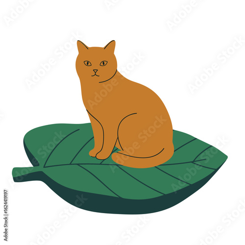 Cute Cat Sitting on a Large Green Leaf