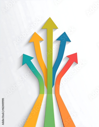 Five curved arrows converging upward, colorful, gradient effect, paper-like texture