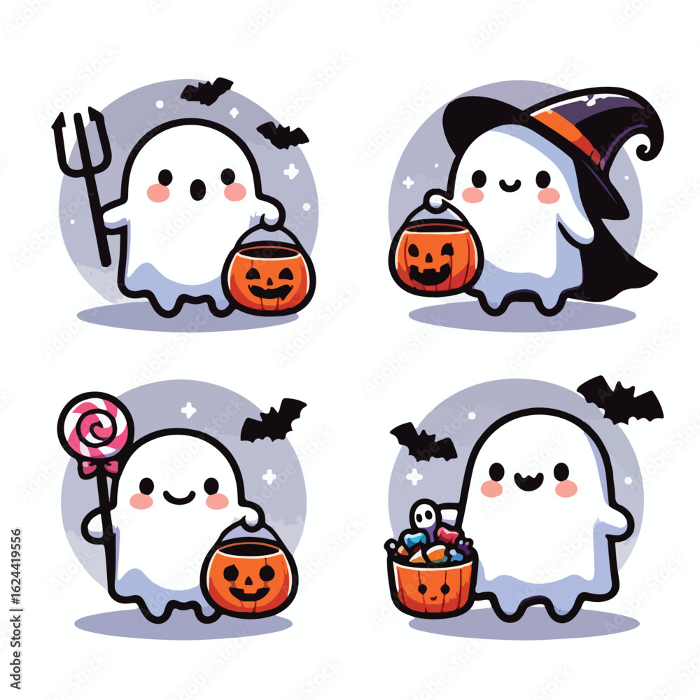 Fototapeta premium Cute ghost holding trick-or-treat bucket