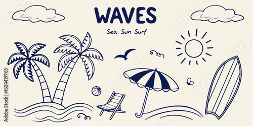 A whimsical and relaxed beach scene, featuring a variety of summer elements like a surfboard, palm tree, beach ball, sunglasses, and umbrella Summer Icons and Summer Accessories	