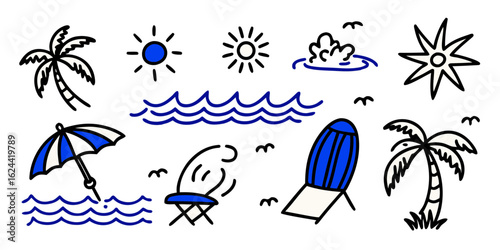 A whimsical and relaxed beach scene, featuring a variety of summer elements like a surfboard, palm tree, beach ball, sunglasses, and umbrella Summer Icons and Summer Accessories	