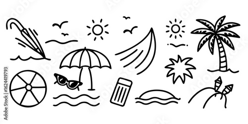 A whimsical and relaxed beach scene, featuring a variety of summer elements like a surfboard, palm tree, beach ball, sunglasses, and umbrella Summer Icons and Summer Accessories	