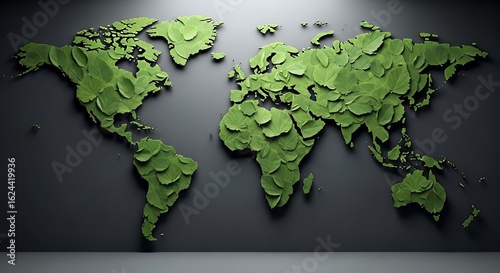 World Map Made of Green Leaves on Dark Background