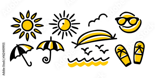 A whimsical and relaxed beach scene, featuring a variety of summer elements like a surfboard, palm tree, beach ball, sunglasses, and umbrella Summer Icons and Summer Accessories	