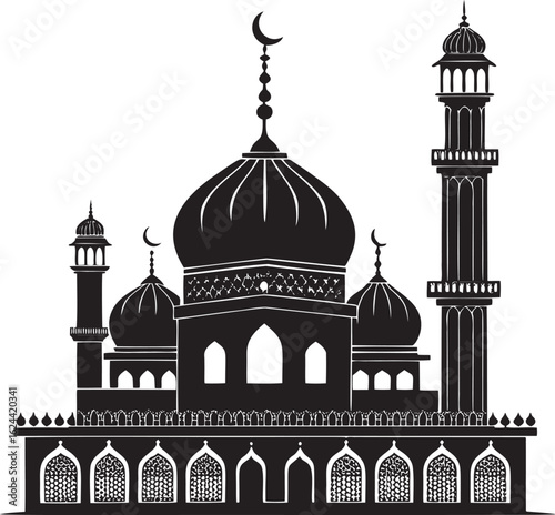 Islamic mosque architecture with domes and minarets
