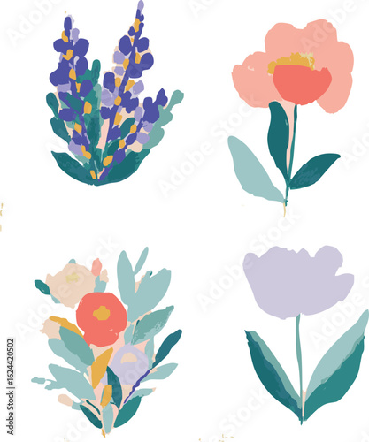 Vintage flowers painting, set of elements, pretty, colorful, delicate, nostalgic floral handmade set of vector graphics