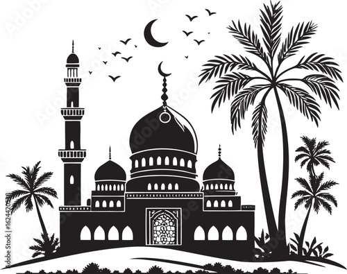 Islamic mosque with palm trees and crescent moon architecture