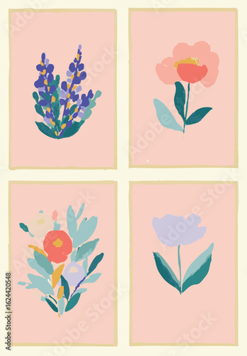 Purple and peach, Gift card set, frame layout, vintage flowers painting, pretty floral design with panels and borders, soft colors, delicate feminine