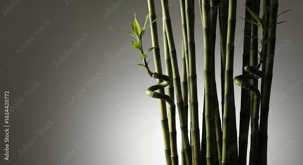 Obraz premium Green Bamboo Stalks and Leaves on a Neutral Background