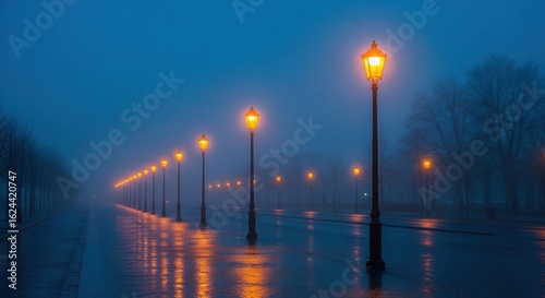 Street lamps illuminate a foggy road at night creating a moody and atmospheric scene in the city