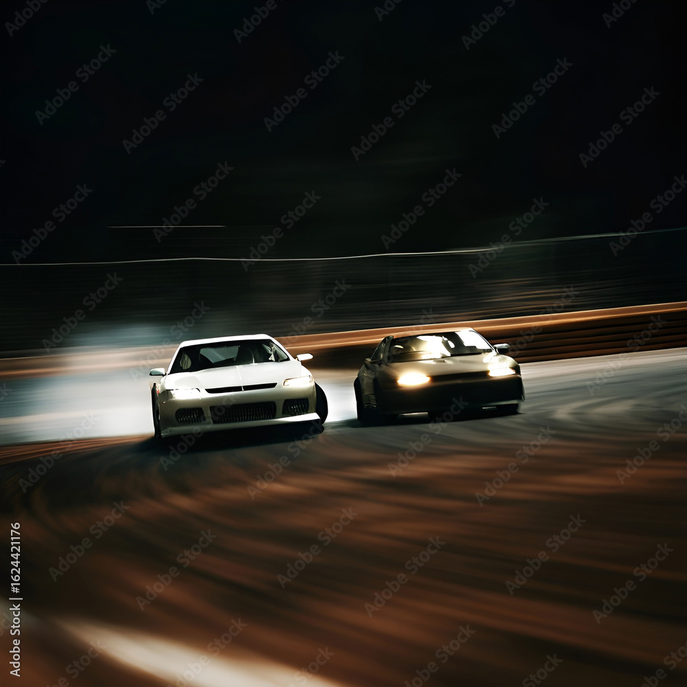 Naklejka premium twin gt cars battling on sharp track turn with rubber smoke billowing