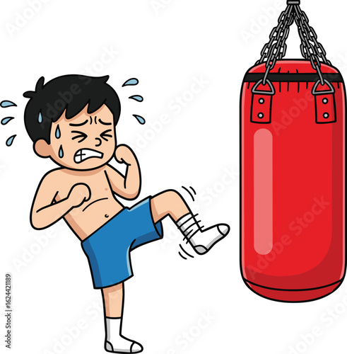 Cartoon kickboxing illustration, person training with red punching bag, fitness workout, martial arts exercise, active lifestyle, sports character, dynamic pose