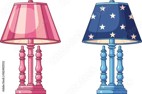 Colorful pink and blue decorative table lamps, stylish home decor items, star patterned modern lighting, vibrant interior design elements