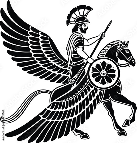 Ancient greek warrior rider on a winged horse with spear and shield in black and white
