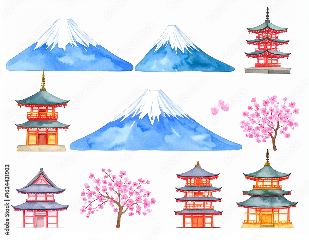 Fototapeta premium 富士山 生成AI 水彩 アイコン