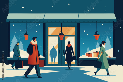 winter street scene with decorated shop windows  .eps