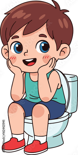 Cute child sitting on toilet, potty training success, cartoon bathroom scene, early childhood hygiene, parenting routine, learning developmental milestone illustration