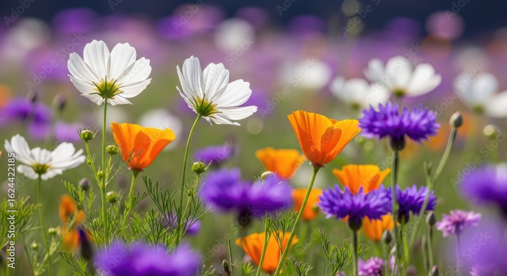 Fototapeta premium Closeup of a vibrant field of colorful wildflowers in bloom during a sunny day