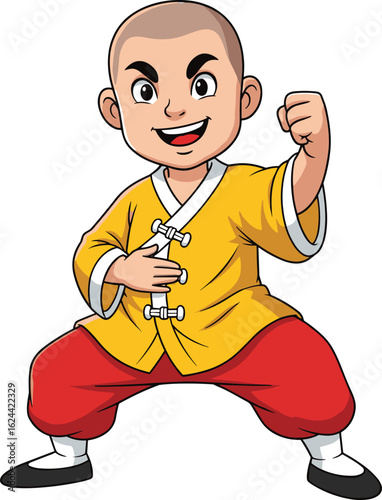 Kung fu cartoon character, martial artist pose, traditional yellow robe, red pants, bald head, fighting stance, isolated white background illustration