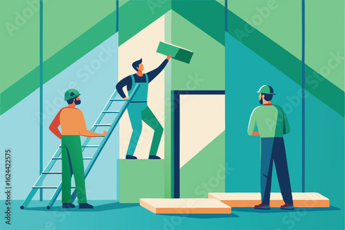 workers installing insulation panels inside a home.eps