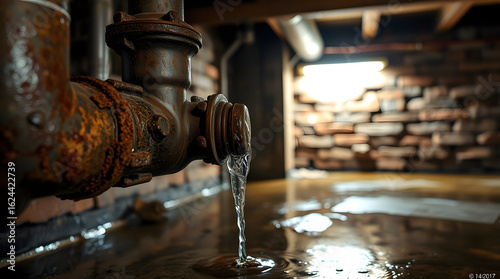 Rusty pipe leaking water in dark basement creating puddle