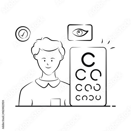 Illustration of a patient undergoing an eye vision test with a letter chart.
