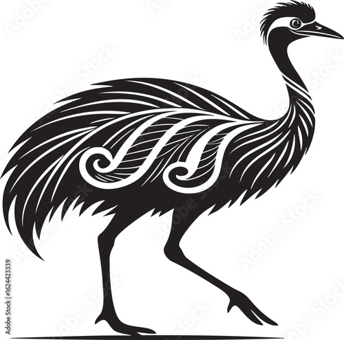 Stylized bird with ornate plumage black white