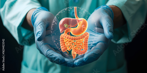 Doctor presents glowing digestive system held safely in caring hands, promoting health and wellness.
