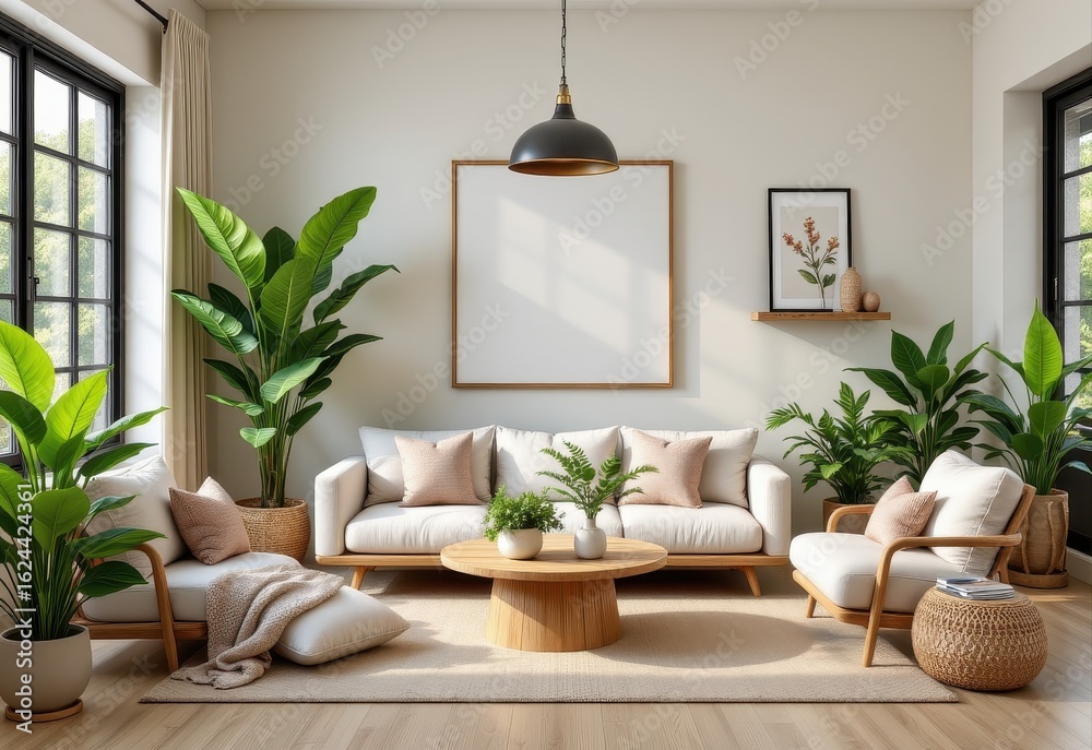 Fototapeta premium earth tone living space with indoor trees soft cushions light woods and plant filled corners to create a lush welcoming vibe no punctuation marks or special characters used