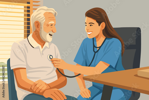 Vector Illustration of Nurse Checking Elderly Patient’s Heartbeat with Stethoscope in Medical Clinic – Friendly Healthcare Visit and Routine Checkup Concept in Flat Cartoon Style