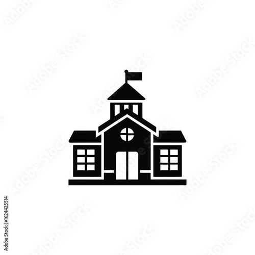 A stylized black and white icon depicting a school building with a central tower, a flag, windows, and double doors.