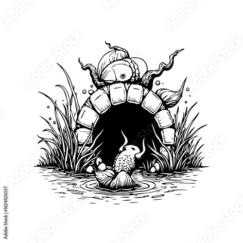 Detailed whimsical line drawing depicting a fish entering a cozy brick underwater dwelling abode near swaying aquatic plants