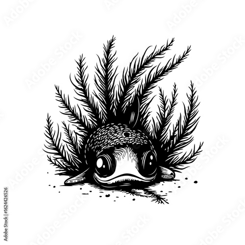 Adorable axolotl illustration with expressive eyes and surrounding foliage creating a captivating character design for children