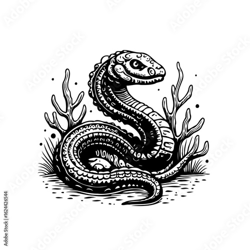 Intricate black and white drawing of a coiled snake amidst vegetation creates a captivating illustration