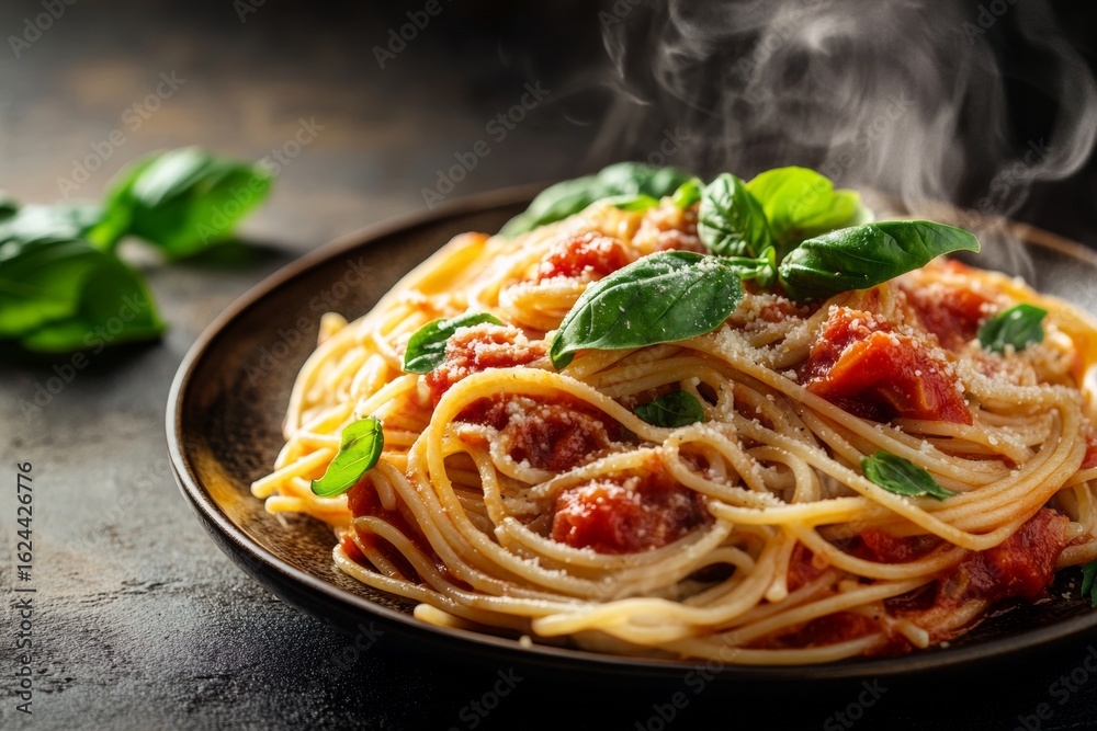 Fototapeta premium A steaming plate of spaghetti is served with rich tomato sauce and fresh basil leaves, set against a dark rustic kitchen background, creating a warm and inviting atmosphere