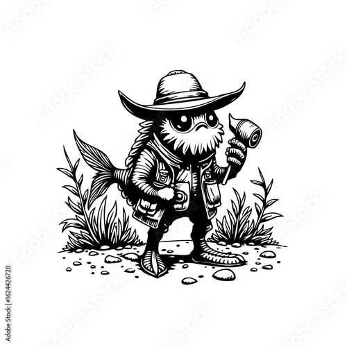 Adventurous Fishman: A whimsical character exploring nature with cowboy hat and vintage camera, bringing outdoor adventures to life