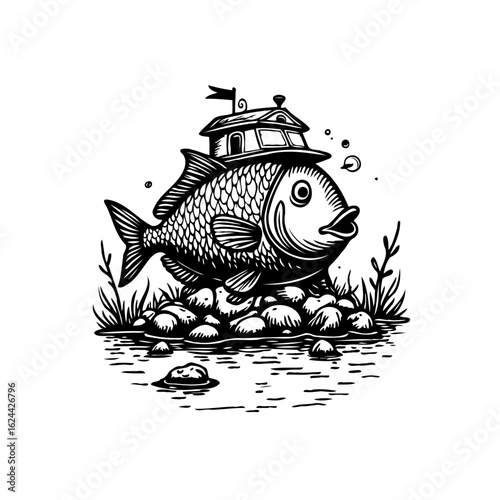 A whimsical illustration of a fish with a house on its back and rocks surrounding it